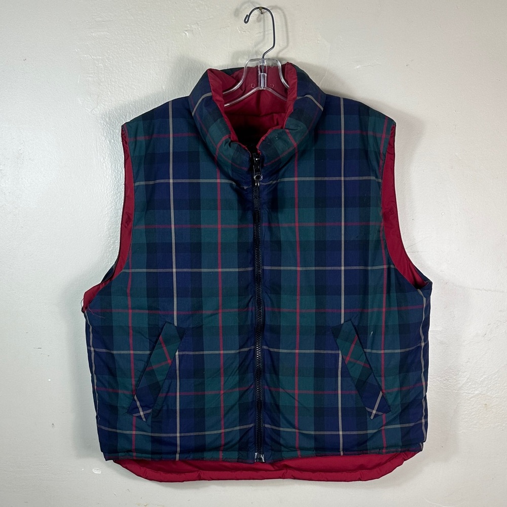 Eddie Bauer Navy & Green Plaid Quilted Vest with Red Lining